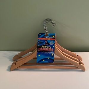 Brand new set of three children, natural wood hangers with bar